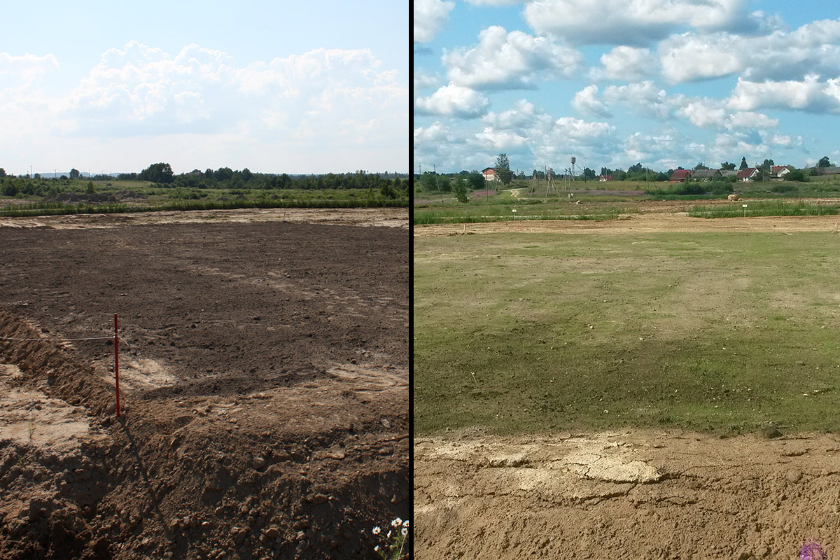 ИЮНЬ-ИЮЛЬ 2013 – ПОДГОТОВКА УЧАСТКА ПОД ЗАСЕВ ГАЗОНА И РЕЗУЛЬТАТ (СПРАВА)