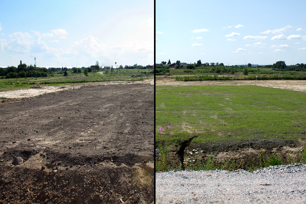 ИЮНЬ-ИЮЛЬ 2013 – ПОДГОТОВКА УЧАСТКА ПОД ЗАСЕВ ГАЗОНА И РЕЗУЛЬТАТ (СПРАВА)